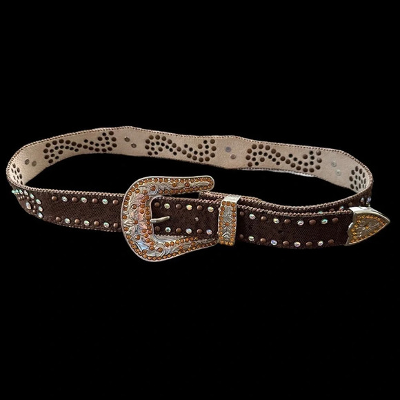 Bit & Bridle Size Large Leather Rhinestone Bling Belt Rodeo Western Studs Silver - Picture 1 of 7